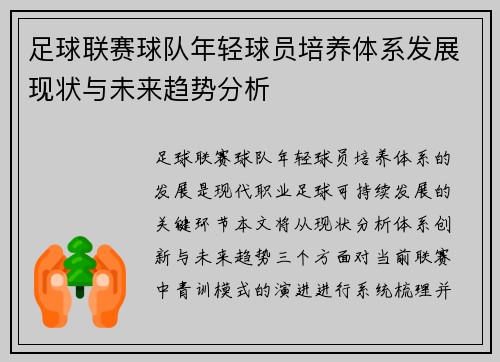 足球联赛球队年轻球员培养体系发展现状与未来趋势分析