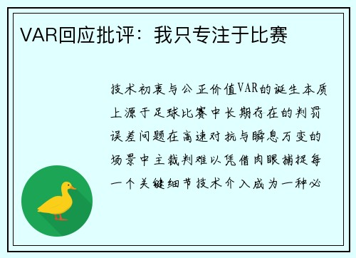 VAR回应批评：我只专注于比赛
